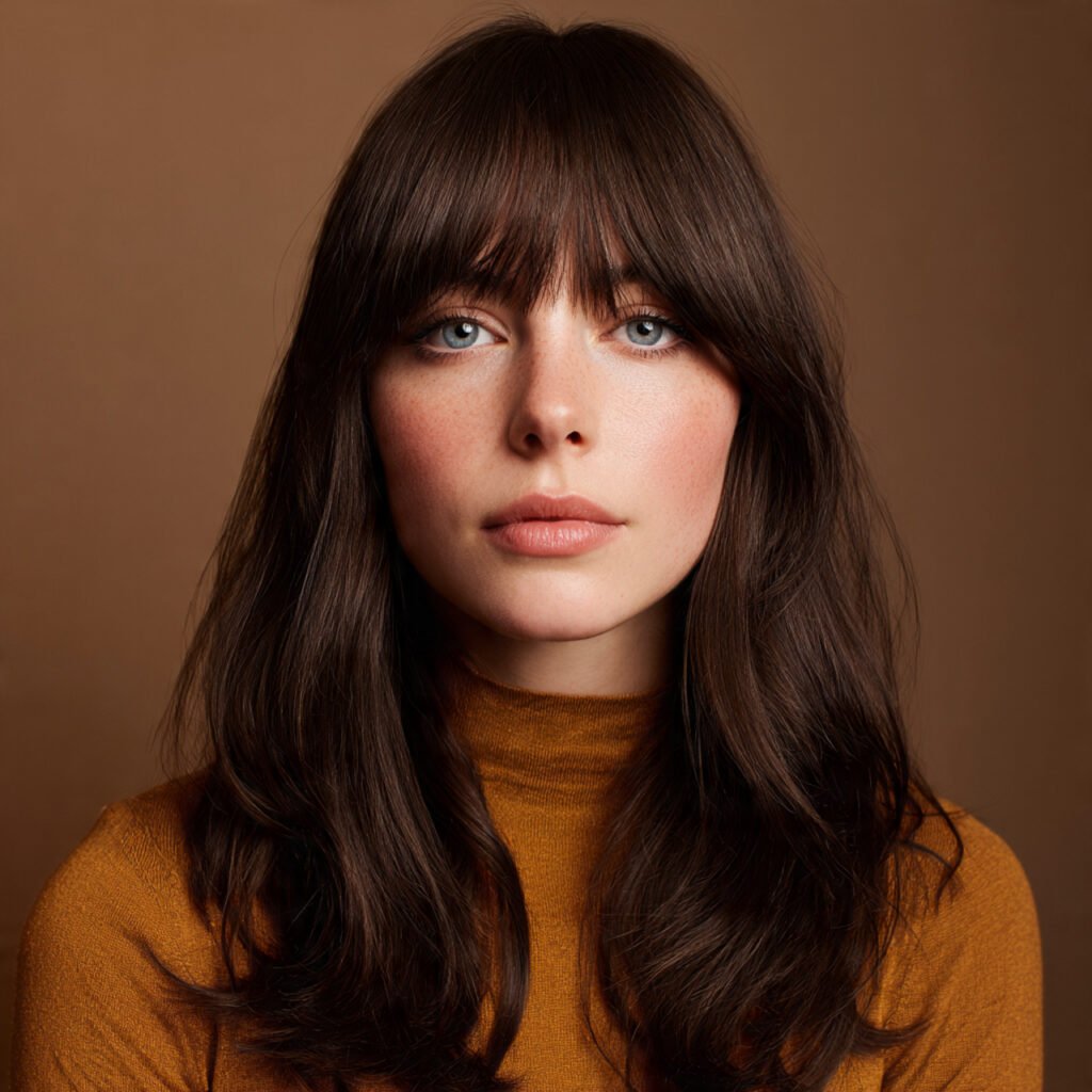 Dark Brown Curtain Bangs Hair Color