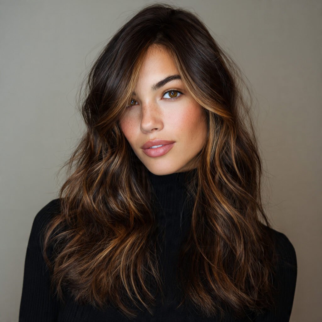 Dark Brown Hair with Face Framing Highlights