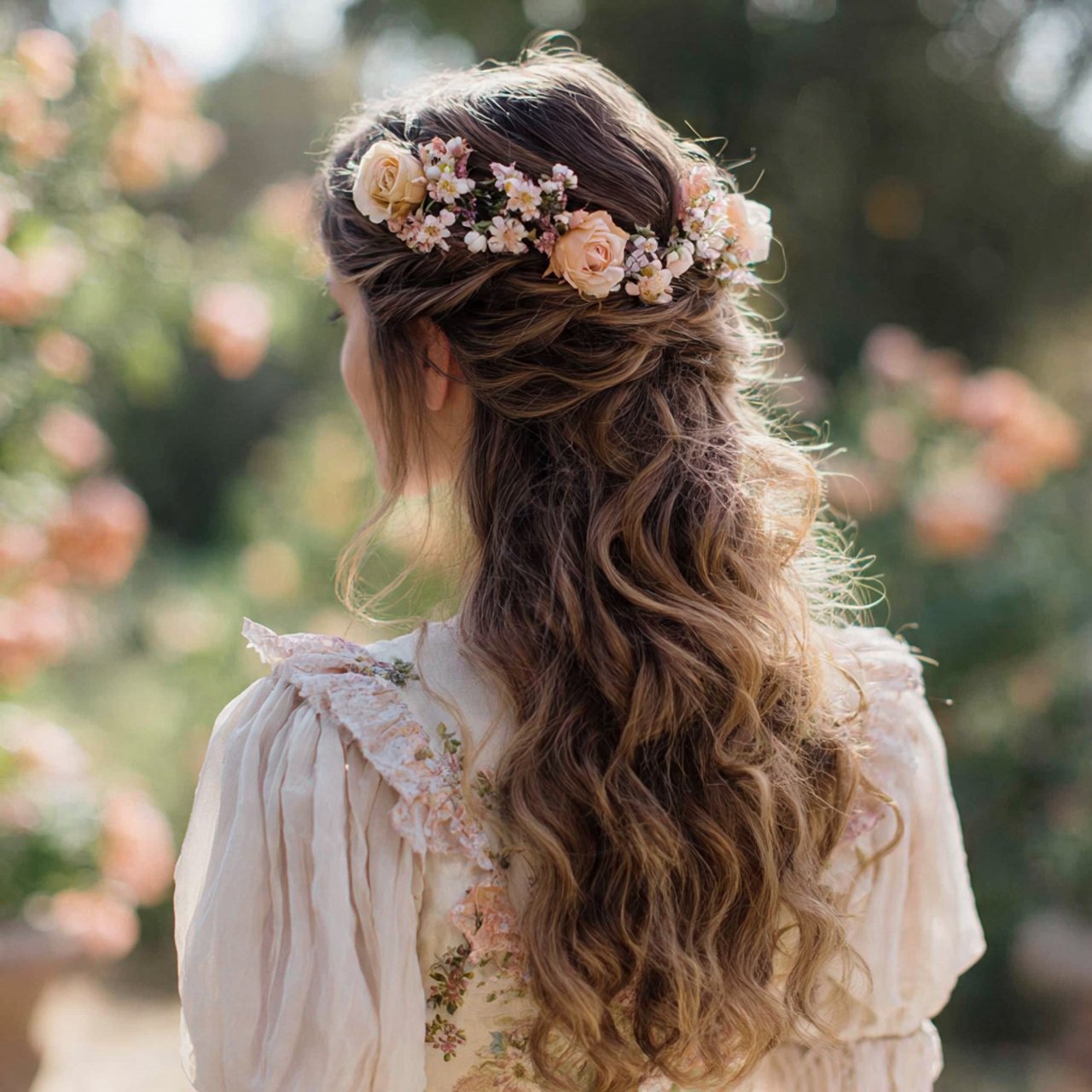 Half Up Half Down Hairstyles with Floral Accents Ideas