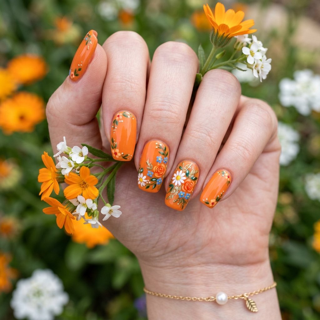Nails Orange Ideas: 30 Creative Looks to Inspire Your Next Manicure 12 Floral Orange Nail Art