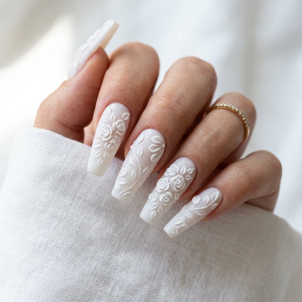 Classy Spring Nails With Floral Embossing