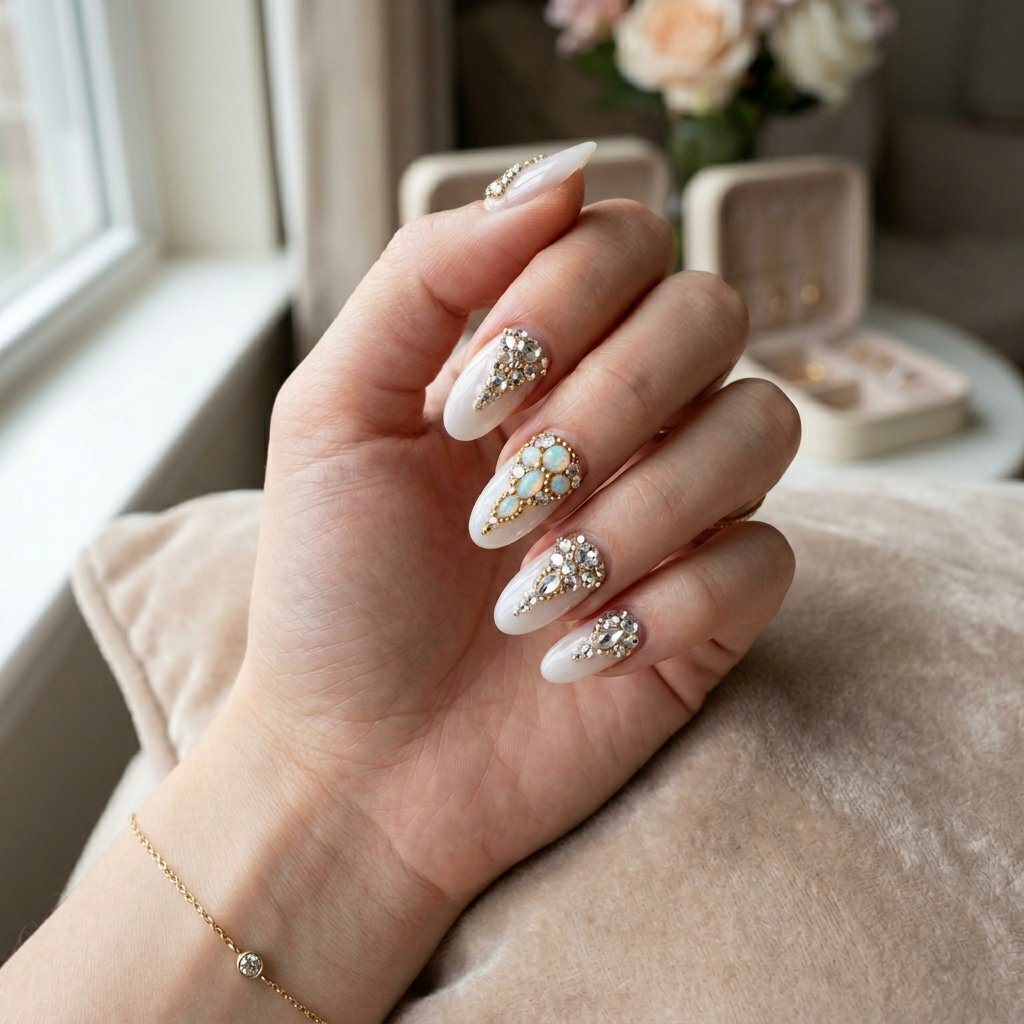 Nails Oval Ideas: 30 Beautiful Designs to Inspire Your Next Manicure 31 Gemstone Embellished Oval Nails