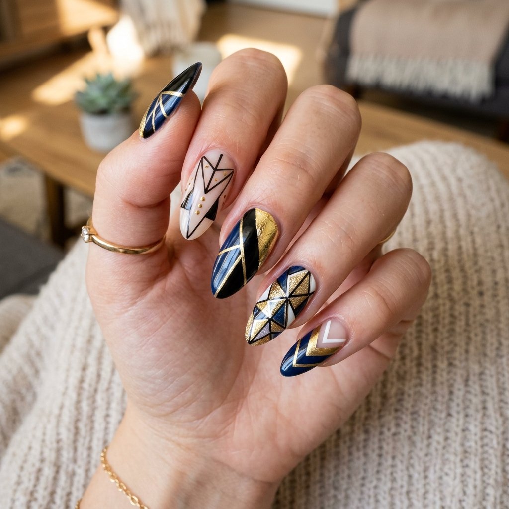Geometric Almond Nail Art