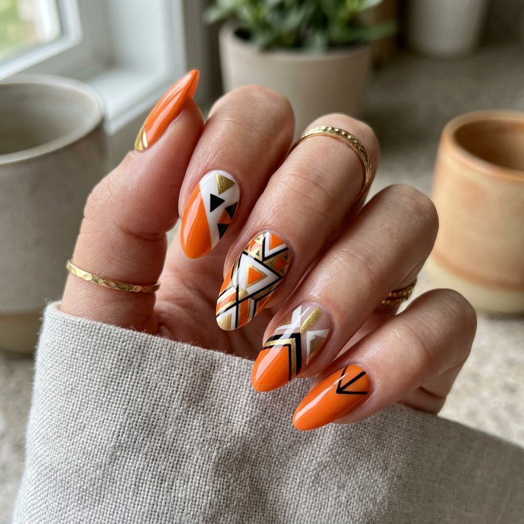 Nails Orange Ideas: 30 Creative Looks to Inspire Your Next Manicure 14 Geometric Orange Nail Pattern