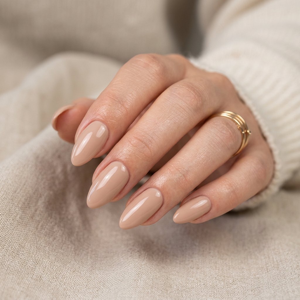 Glossy Nude Almond Nails
