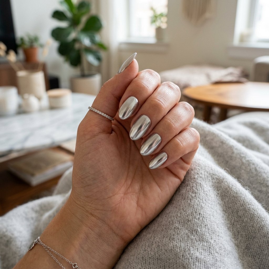 Nails Oval Ideas: 30 Beautiful Designs to Inspire Your Next Manicure 16 Metallic Silver Oval Nails
