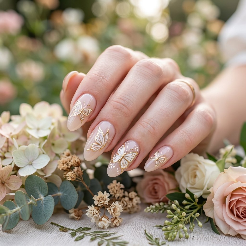 Soft, Glazed & Gorgeous:30 Milky Nails Ideas for Every Mood and Season 11 Milky Butterfly Nails Ideas