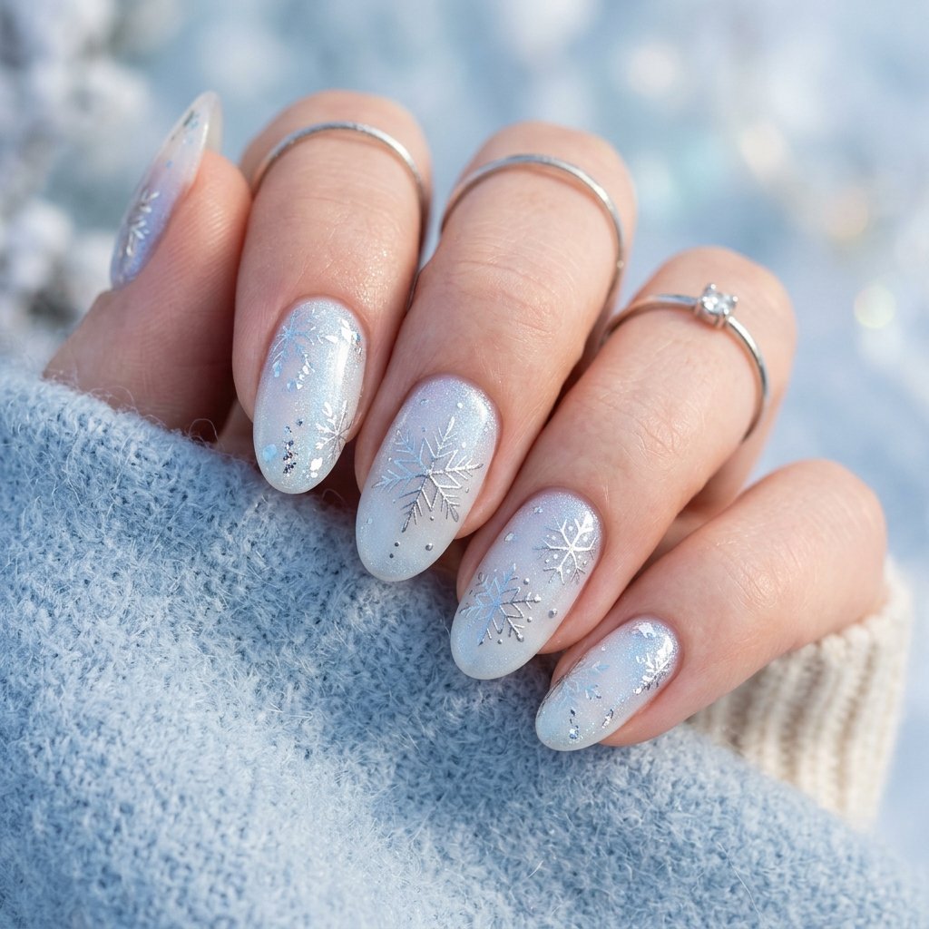 Soft, Glazed & Gorgeous:30 Milky Nails Ideas for Every Mood and Season 19 Milky Snowflake Nails Ideas