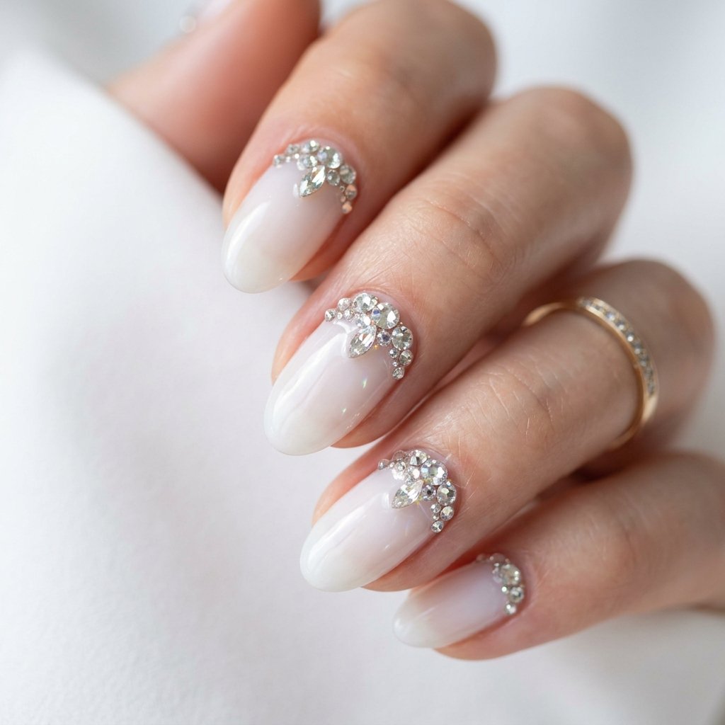 Soft, Glazed & Gorgeous:30 Milky Nails Ideas for Every Mood and Season 10 Milky Rhinestone Nails Ideas