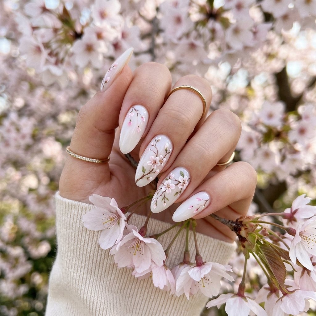 Classy Spring Nails With Cherry Blossom Art