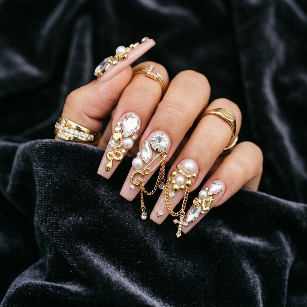 30 Nails Baddie Ideas: Stunning Looks to Inspire Your Next Set 13 Baddie Nail Art with Gems and Charms