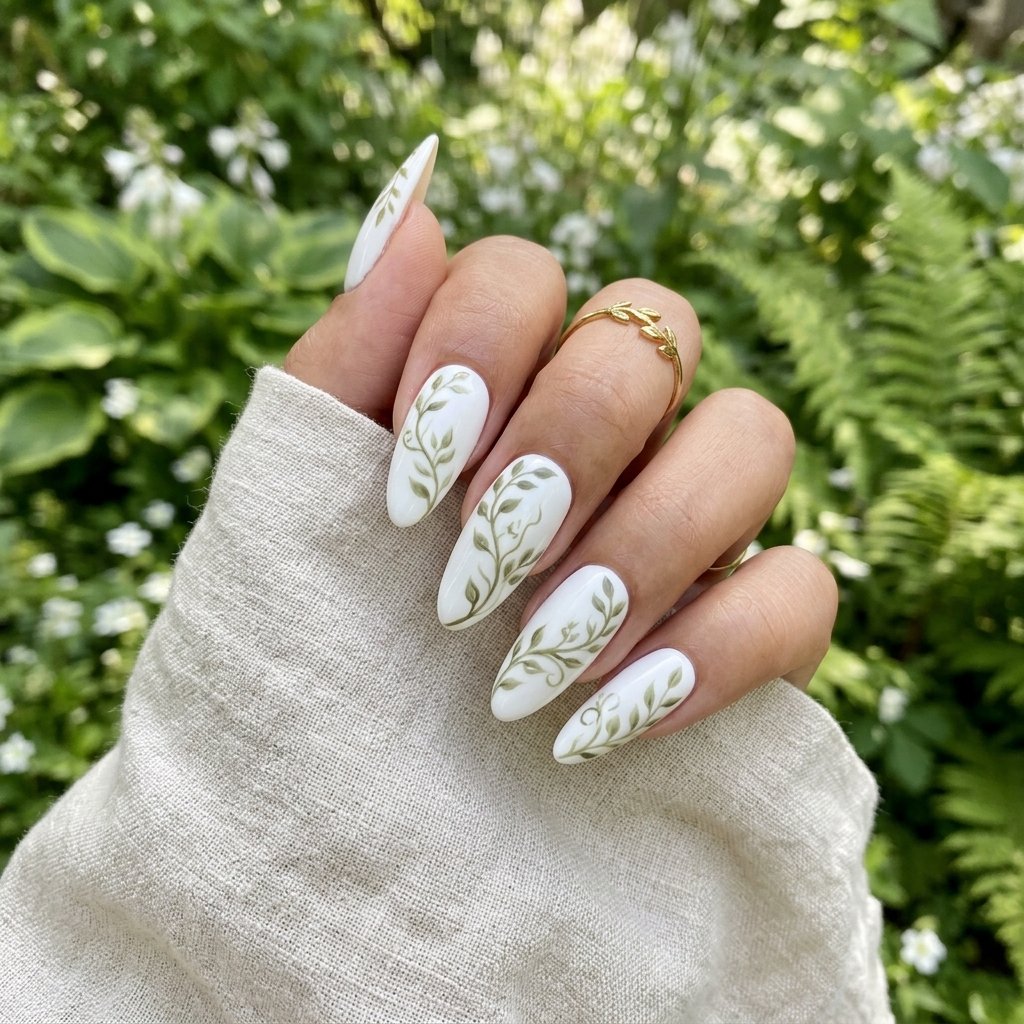 Classy Spring Nails With Vine and Leaf Art