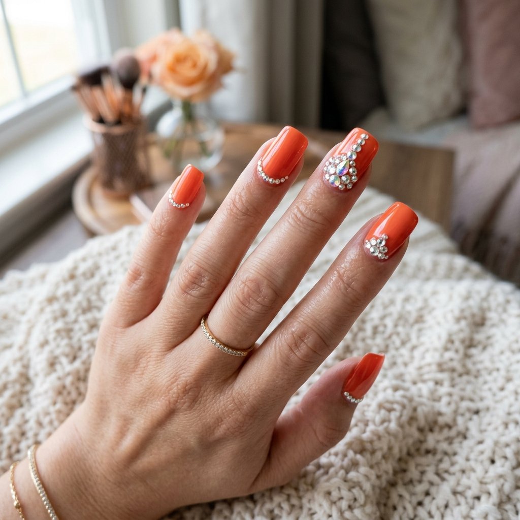 Nails Orange Ideas: 30 Creative Looks to Inspire Your Next Manicure 29 Orange Nail with Rhinestone Detail