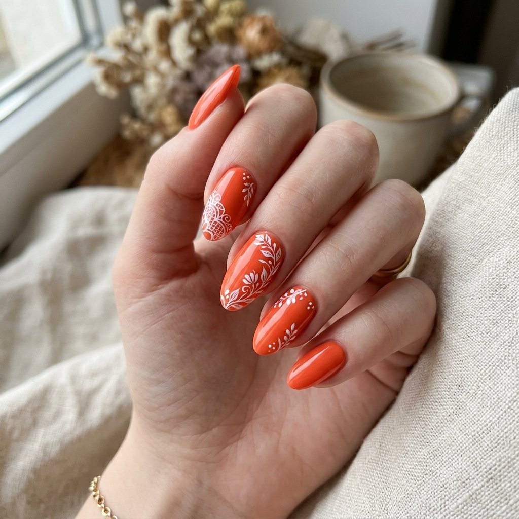 Nails Orange Ideas: 30 Creative Looks to Inspire Your Next Manicure 23 Orange Nail with White Detail