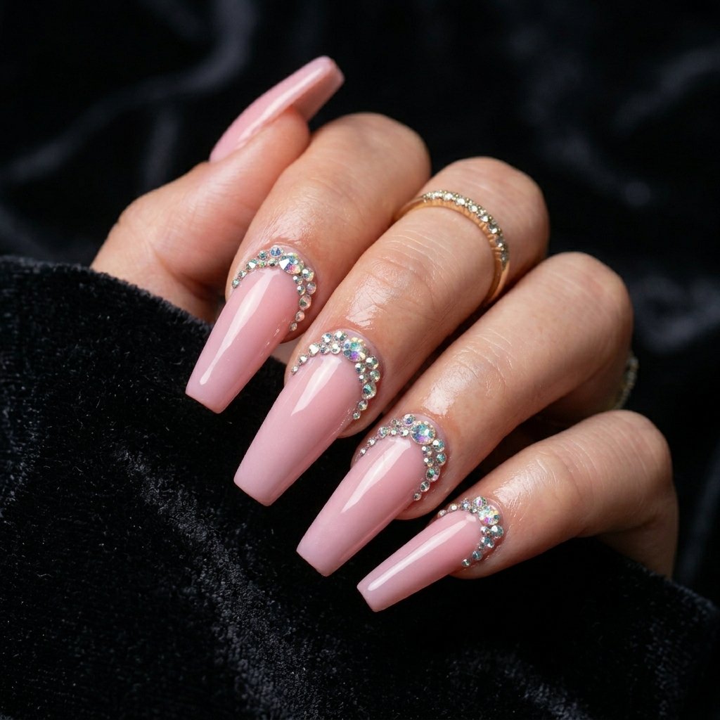 Pink Nails With Rhinestones