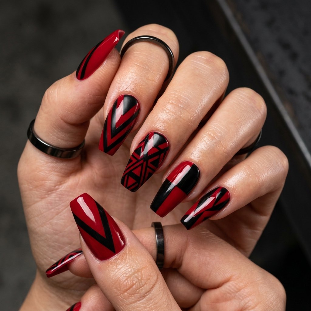 30 Nails Red Ideas: Stunning Ways to Rock the Classic Color 10 Nails Red and Black Geometric Ideas