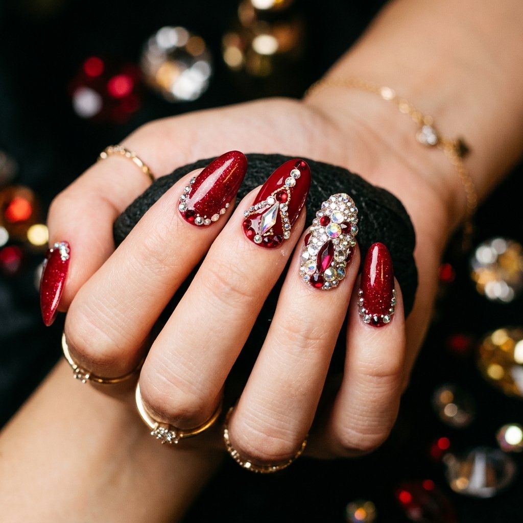 30 Nails Red Ideas: Stunning Ways to Rock the Classic Color 28 Nails Red with Rhinestones Ideas