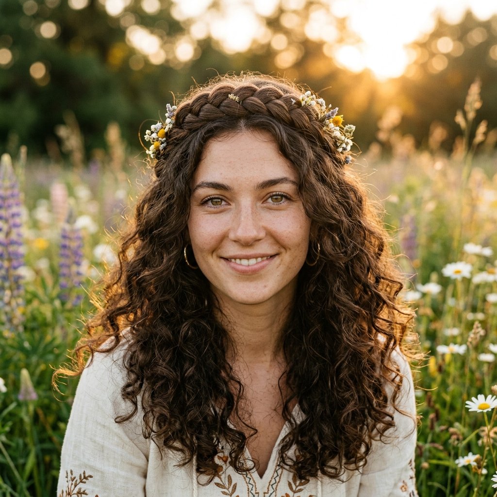 Curly Hair with Braided Crown Idea
