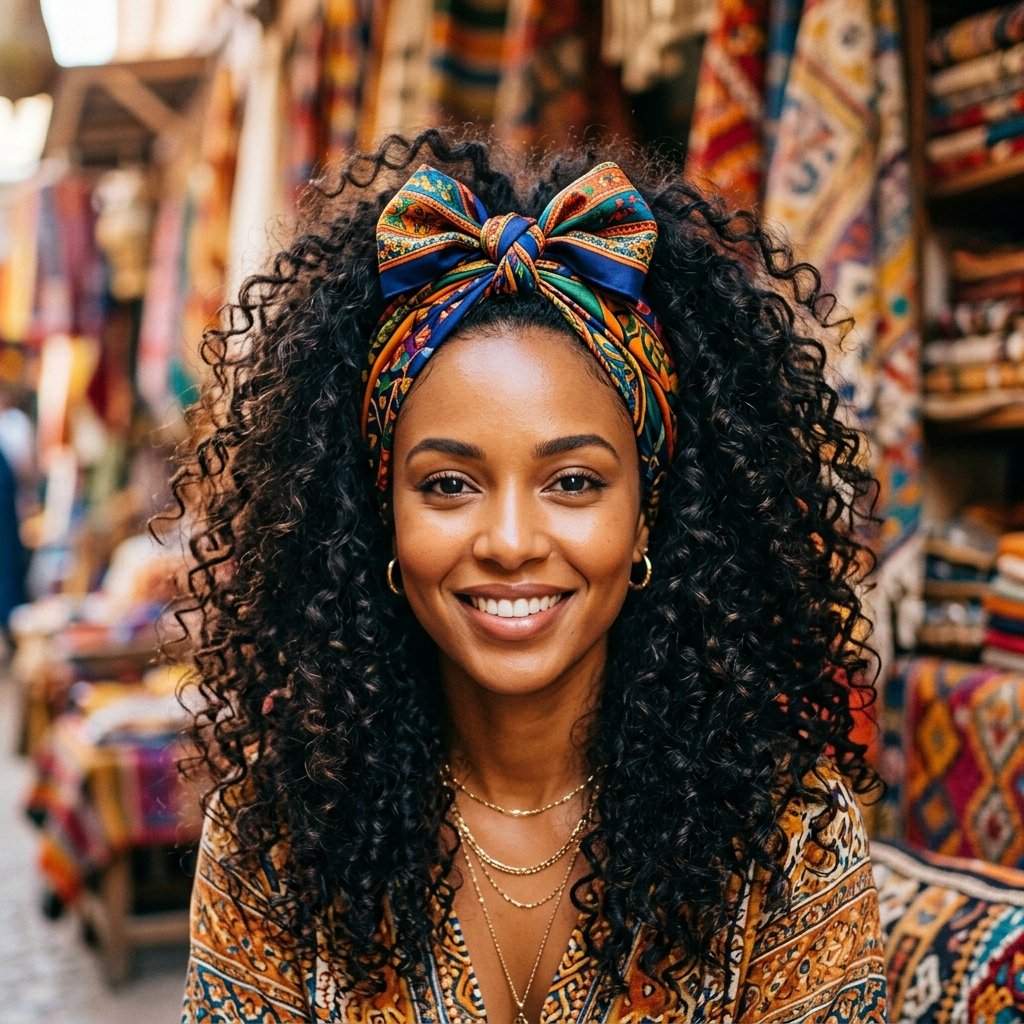 Curly Hair with Scarf Wrap Idea