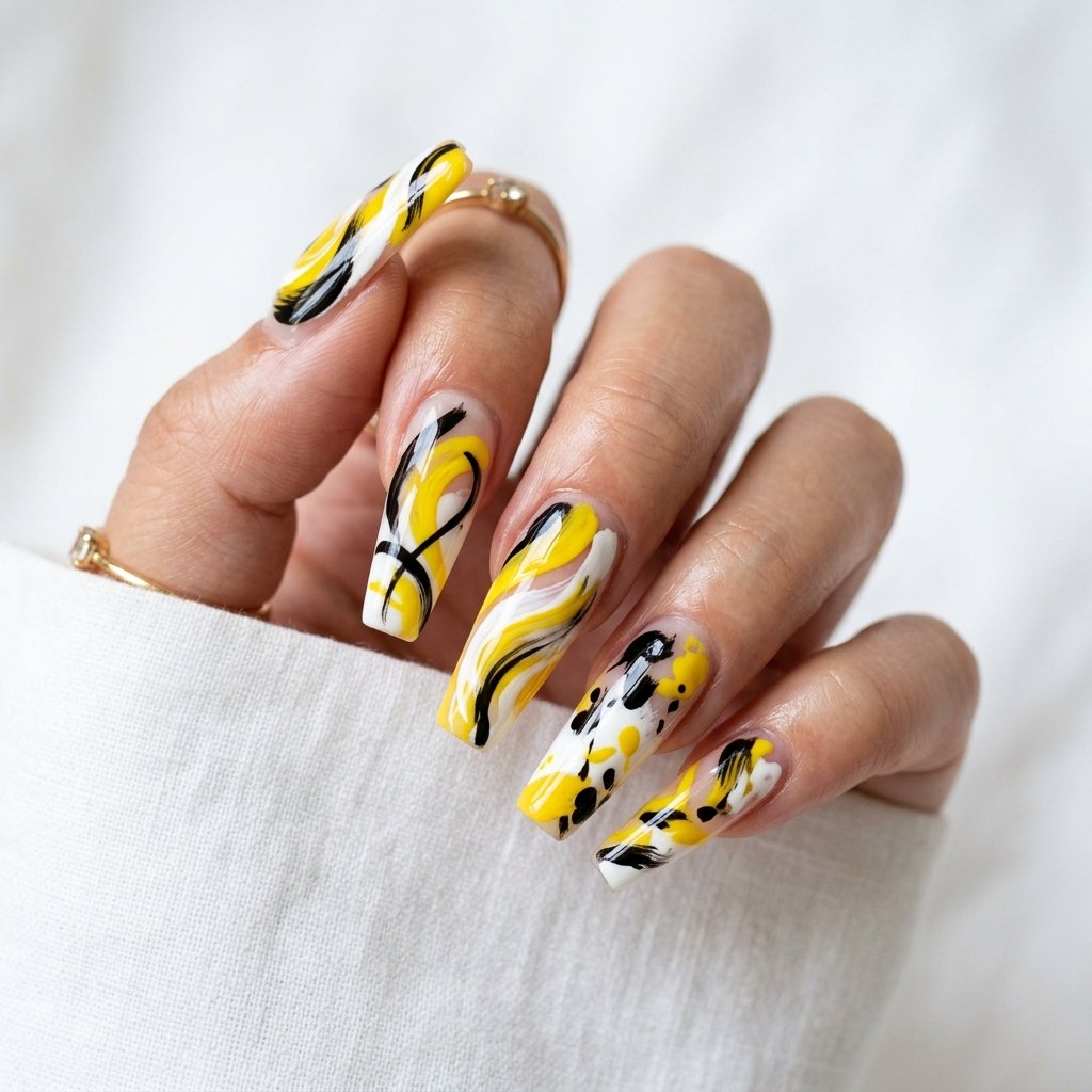 30 Nails Yellow Ideas: The Ultimate Guide to Sunshine Inspired Nail Art 21 Yellow Abstract Nail Art