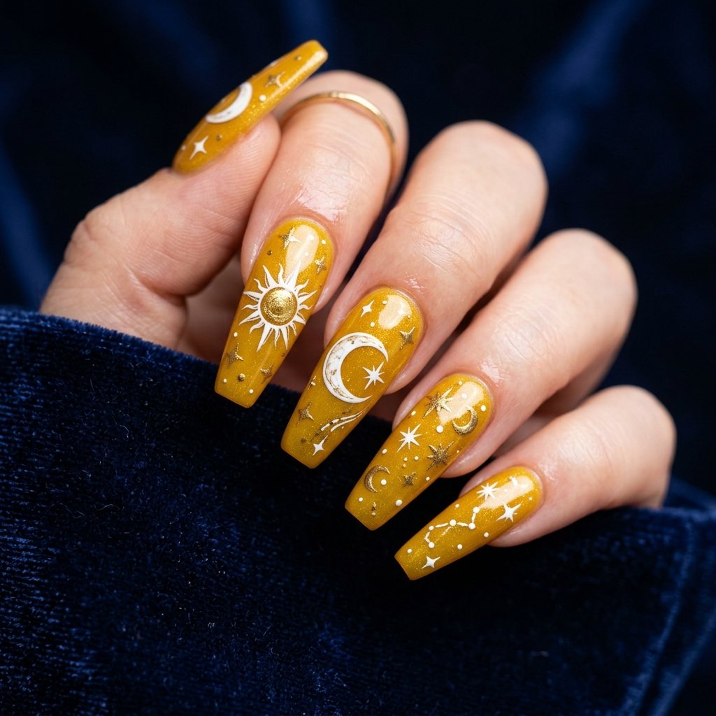 30 Nails Yellow Ideas: The Ultimate Guide to Sunshine Inspired Nail Art 26 Yellow Celestial Nail Art