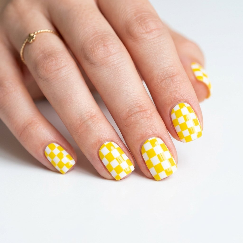 30 Nails Yellow Ideas: The Ultimate Guide to Sunshine Inspired Nail Art 27 Checkered Nails Yellow