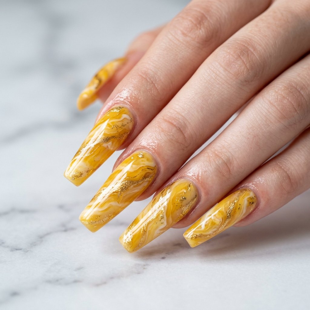 30 Nails Yellow Ideas: The Ultimate Guide to Sunshine Inspired Nail Art 11 Yellow Marble Nail Designs