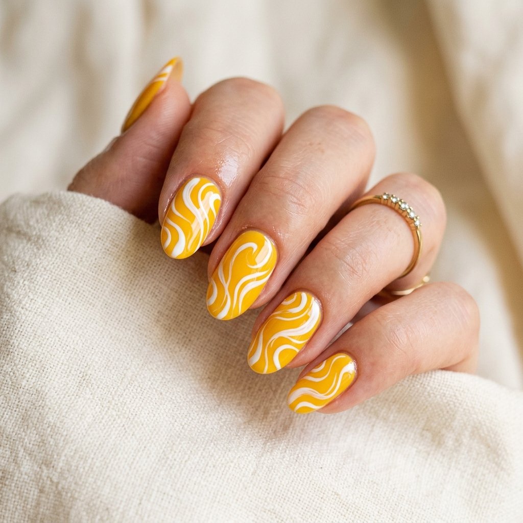 30 Nails Yellow Ideas: The Ultimate Guide to Sunshine Inspired Nail Art 19 Yellow Swirl Nail Designs