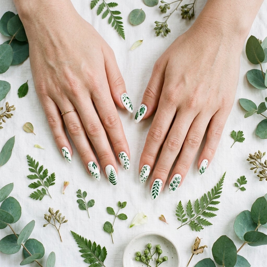 Almond Spring Nails Ideas: 30 Creative Looks to Inspire Your Next Manicure 11 Almond Spring Nails Botanical Leaf Ideas