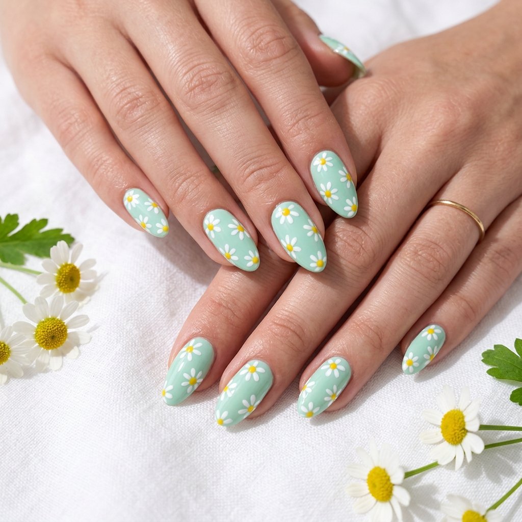 Almond Spring Nails Ideas: 30 Creative Looks to Inspire Your Next Manicure 10 Almond Spring Nails Daisy Print Ideas