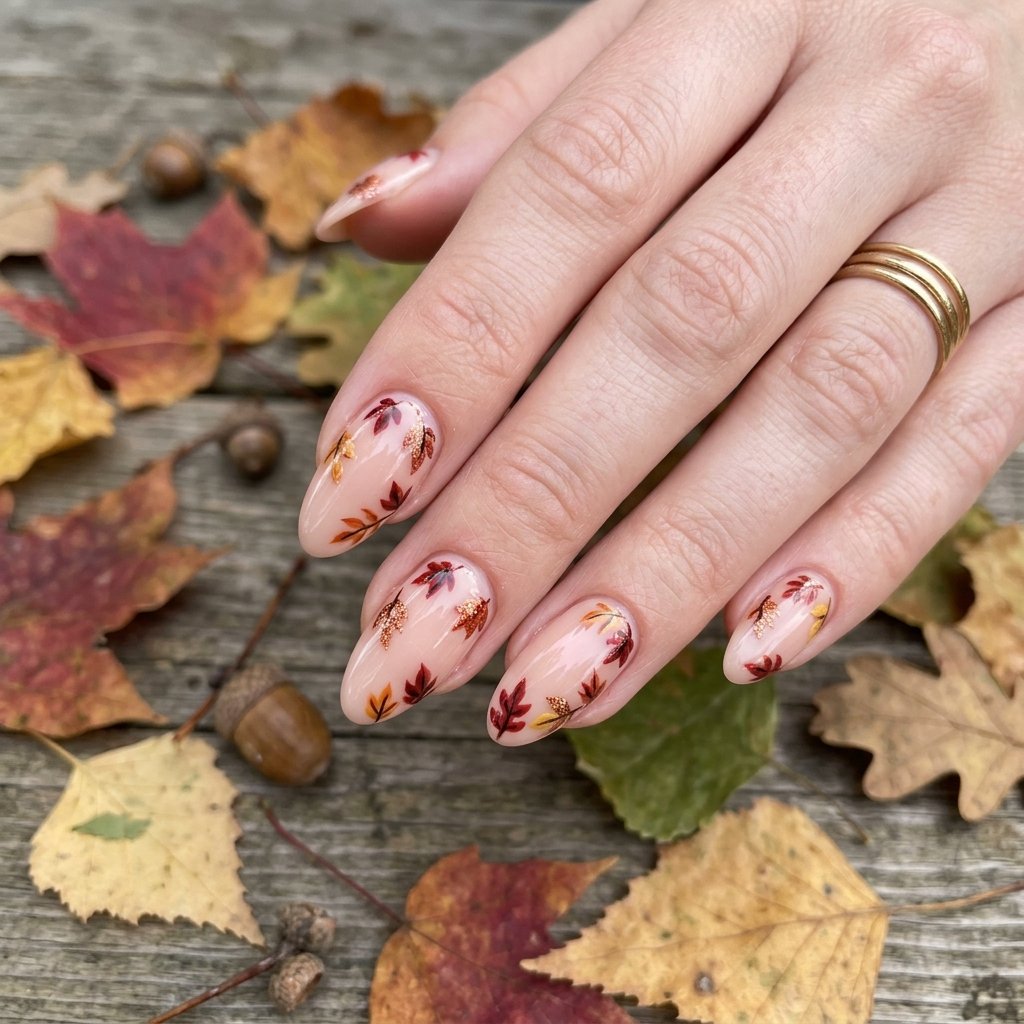 Autumn Leaf Print fall nail inspo almond