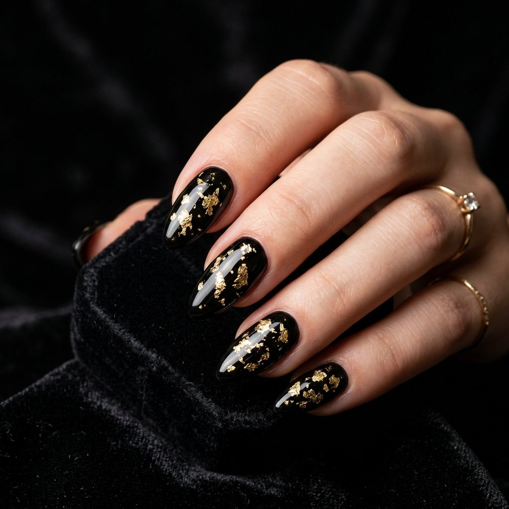 Black and Gold Fall Nails Almond Ideas