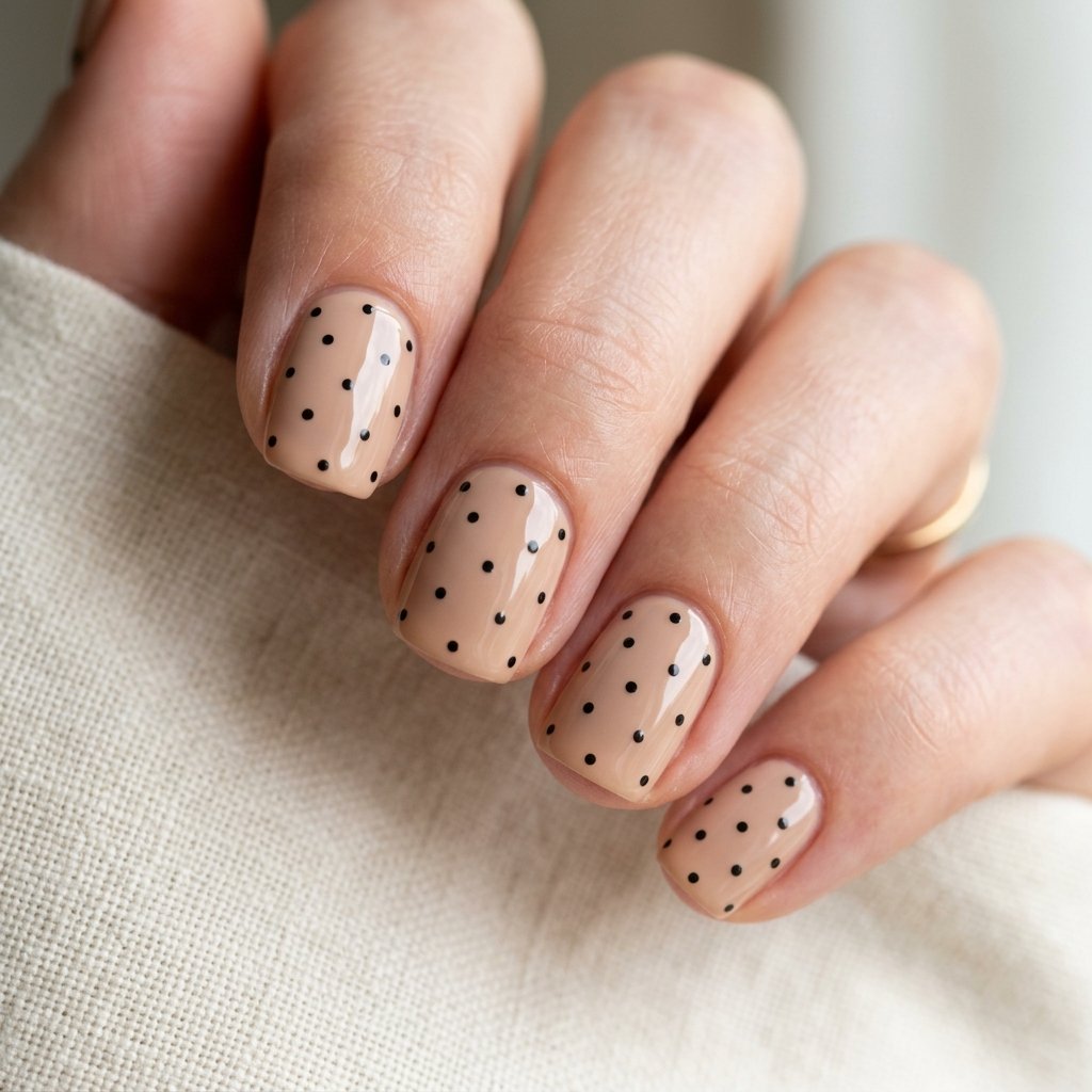 30 Nails Polka Dots Ideas: Creative Designs to Inspire Your Next Manicure 3 Tiny Black Polka Dots on Nude Base