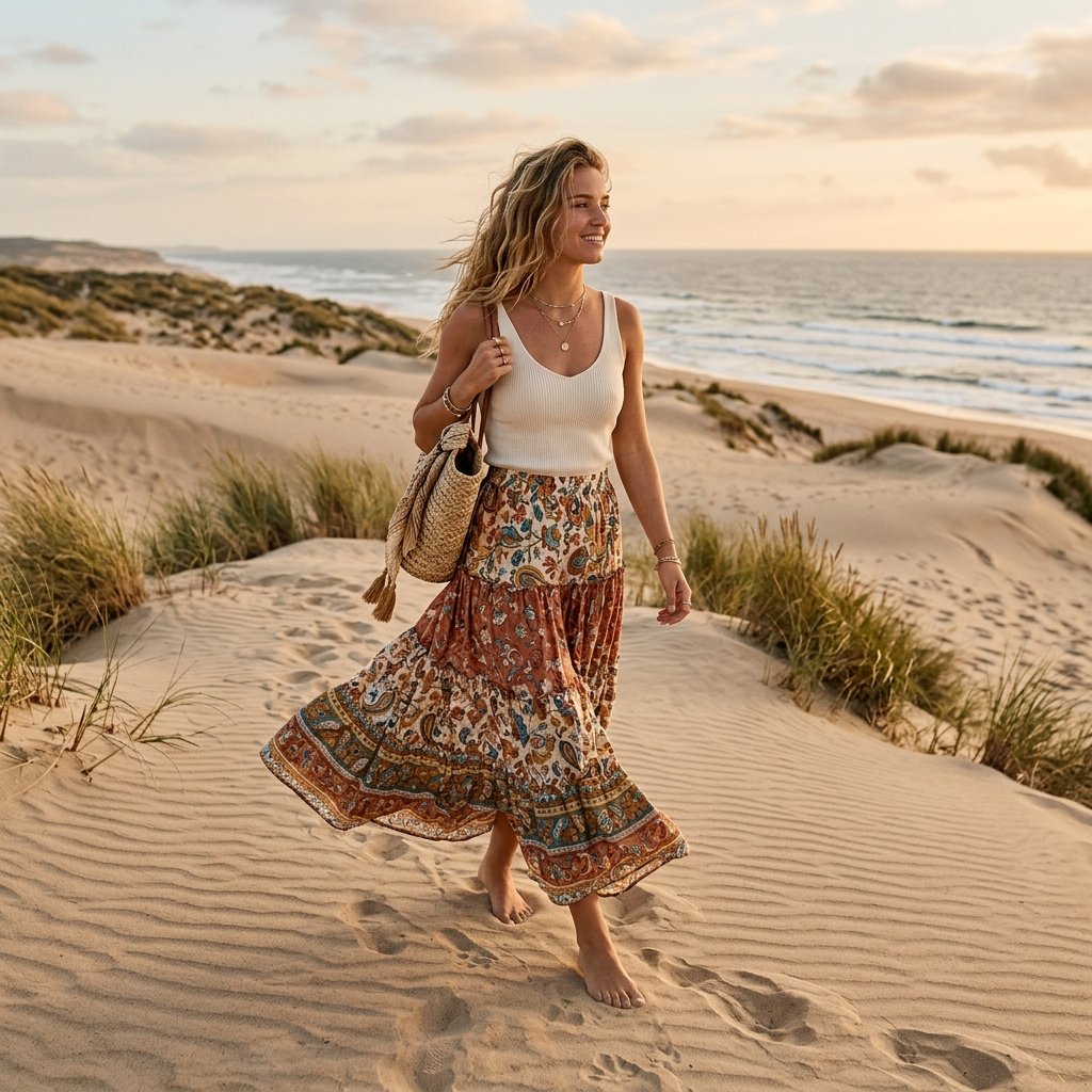 Boho Maxi Skirt Beach Vacation Outfits