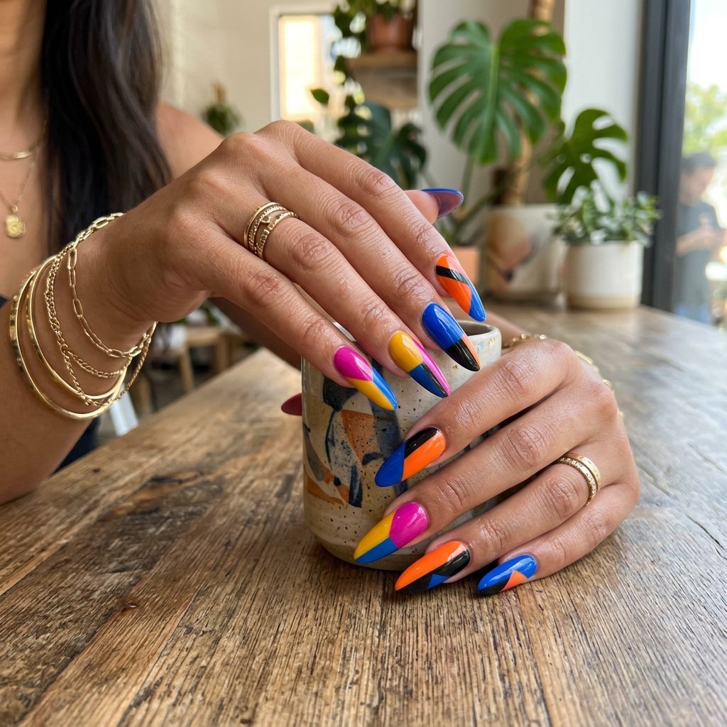 Bold Color Block Nails Long
