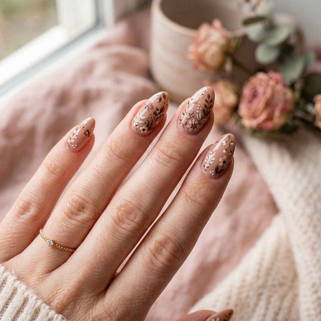 Brown Floral Nails Idea