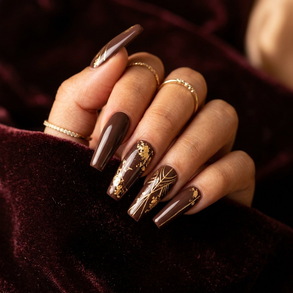 Brown and Gold Nails Idea