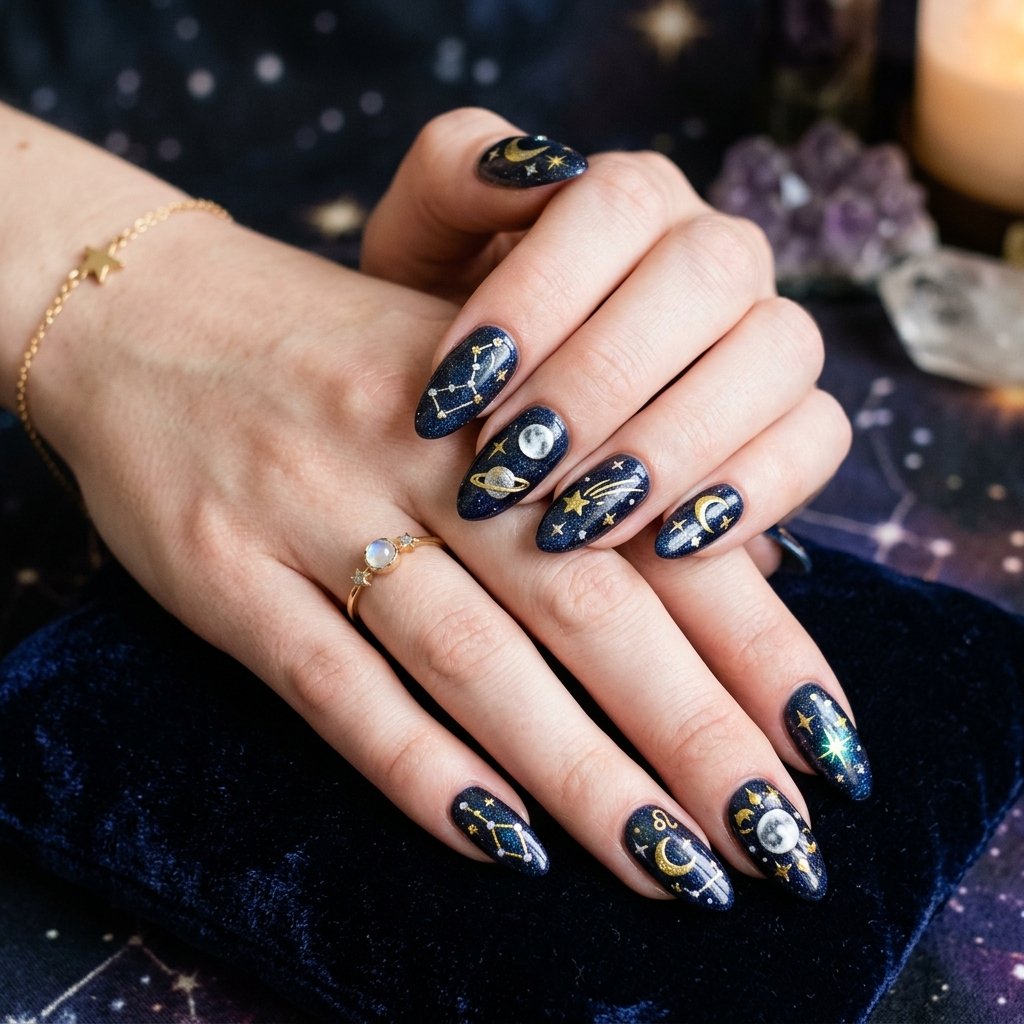 Celestial Moon and Stars Nails Inspired Theme
