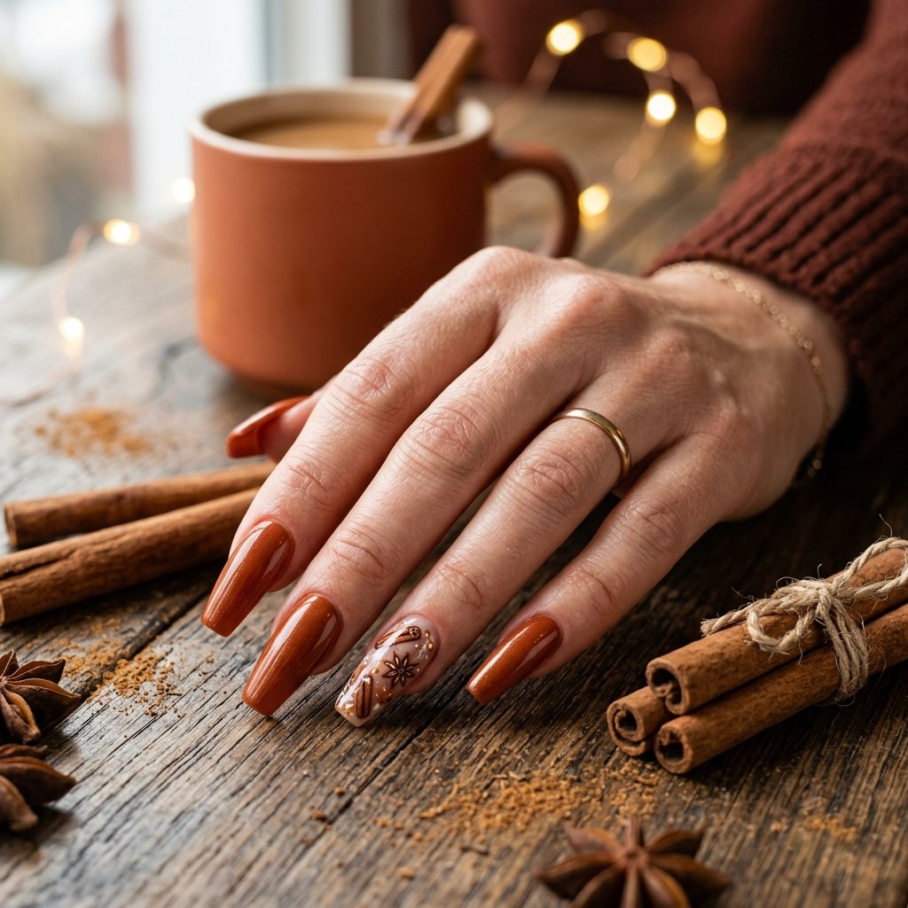 Cinnamon Spice Coffin Fall Nail Designs