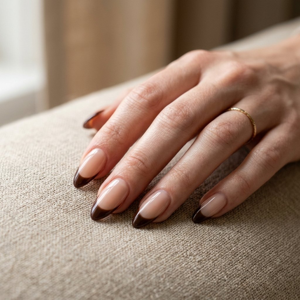 Dark Chocolate French Tip Almond Nail Ideas