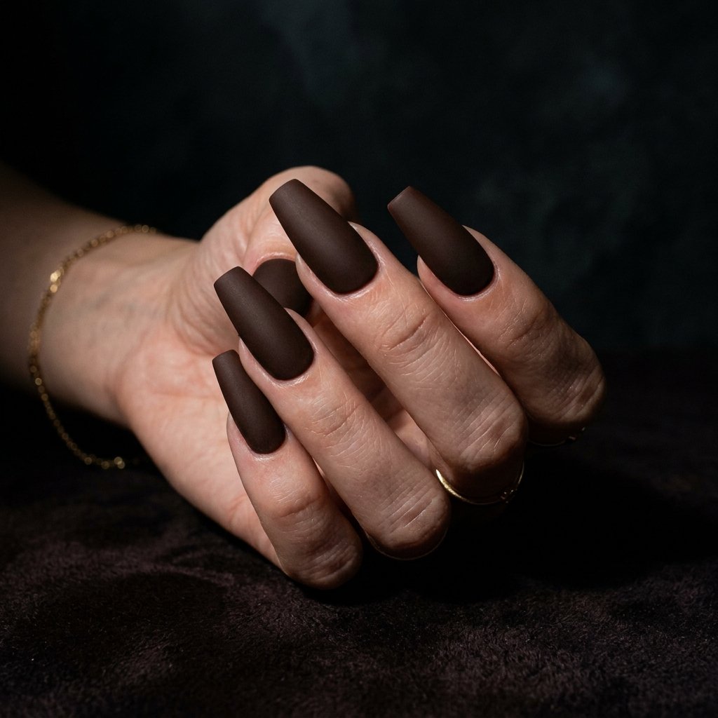 Dark Brown Matte Nails Idea