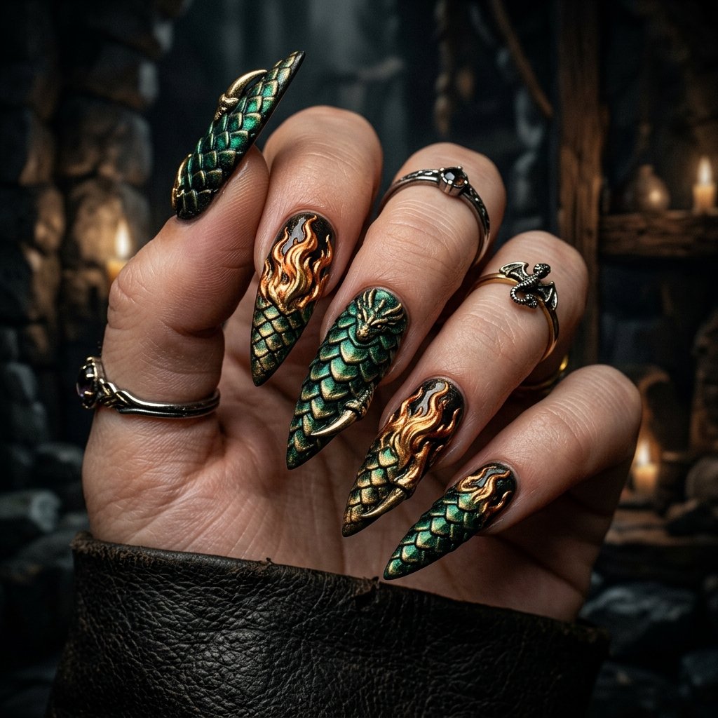 The Most Beautiful 30 Nails 3D Ideas to Try Right Now 26 Dragon and Fantasy Nail Ideas