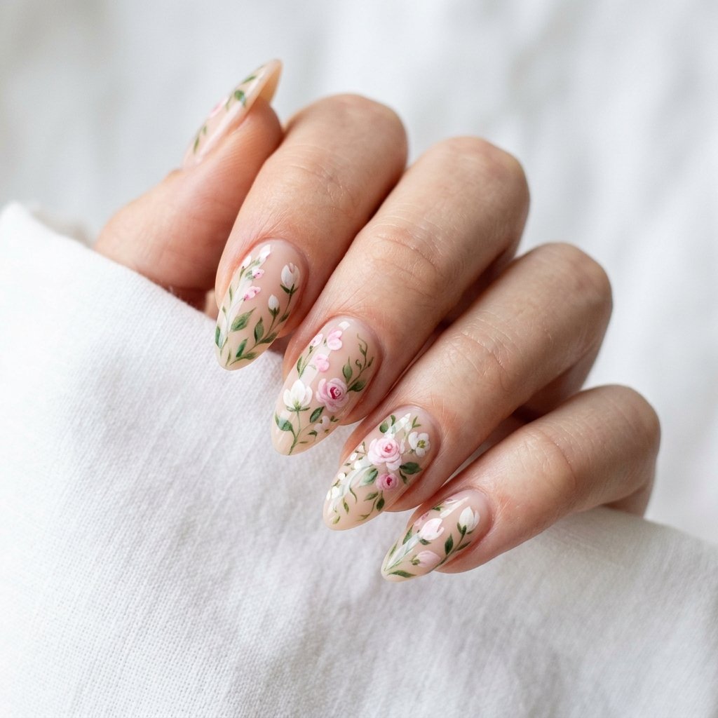 Nails Inspo Almond Floral Design Ideas