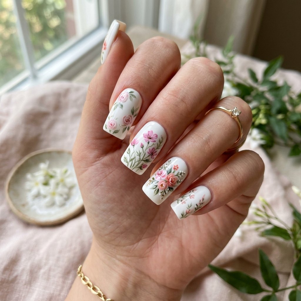 Nails Square Floral Design Ideas