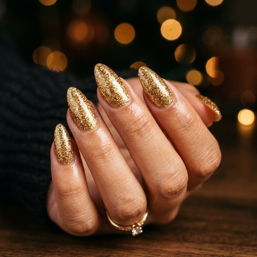 Golden Glitter fall nail inspo almond