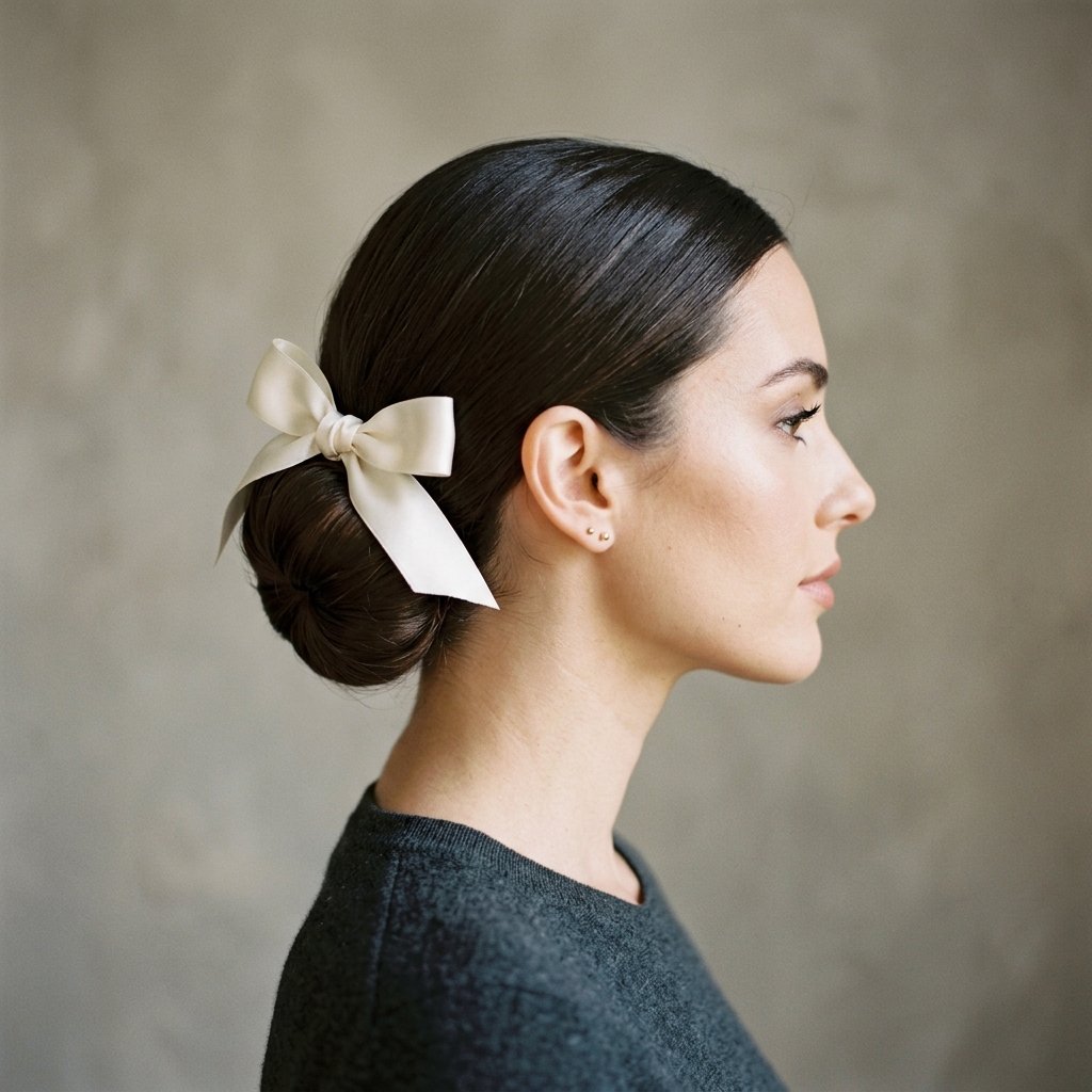 30 Trendy Hairstyles with Bows to Refresh Your Look 8 Low Bun with Bow Accent