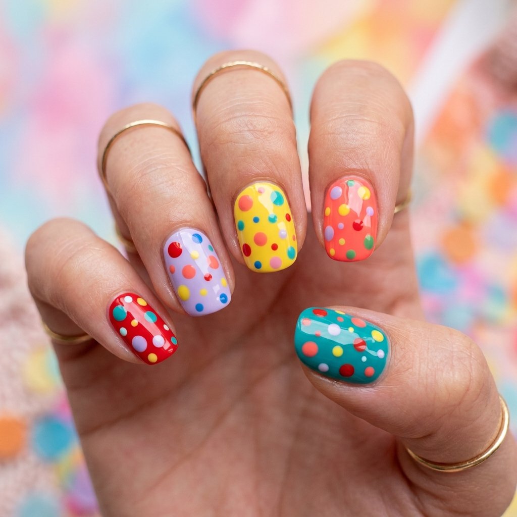 30 Nails Polka Dots Ideas: Creative Designs to Inspire Your Next Manicure 11 Mismatched Colorful Dot Nails