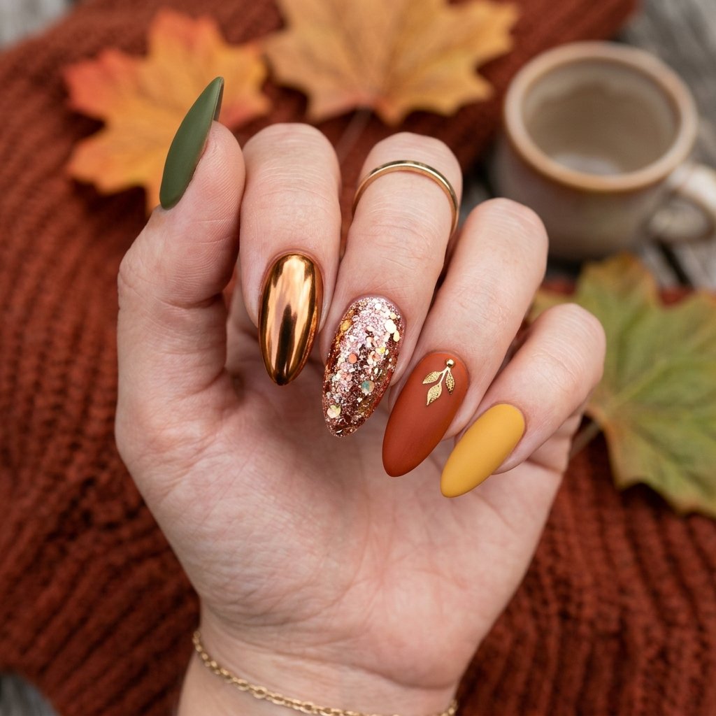 Mixed Media Fall Almond Nails Ideas