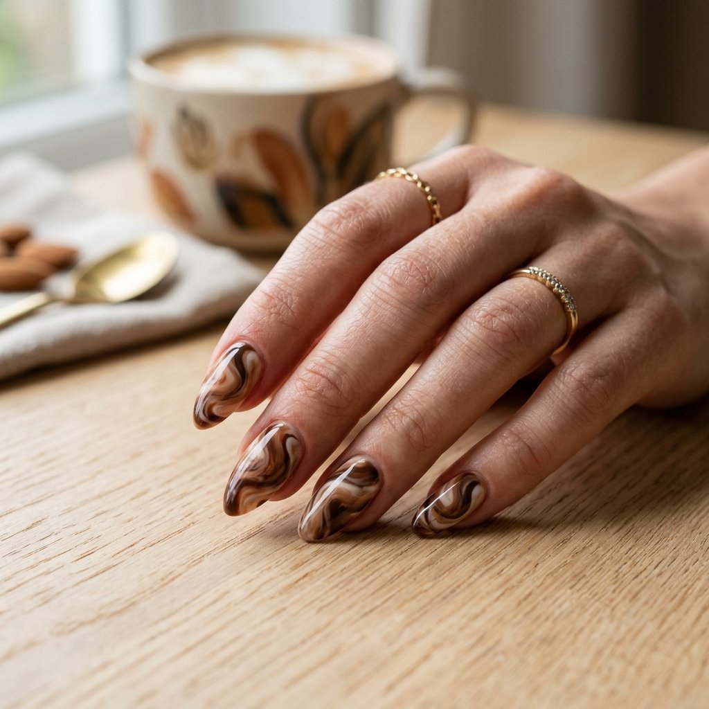 Mocha Swirl Almond Nail Ideas