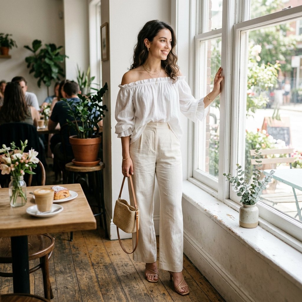 Off Shoulder Blouse and Wide Leg Pants Brunch Outfits Ideas